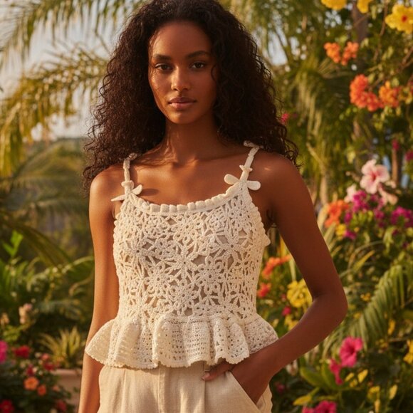 FARM Rio Tops - Farm Rio Crochet Peplum Top White Floral Handmade NWT Size XS